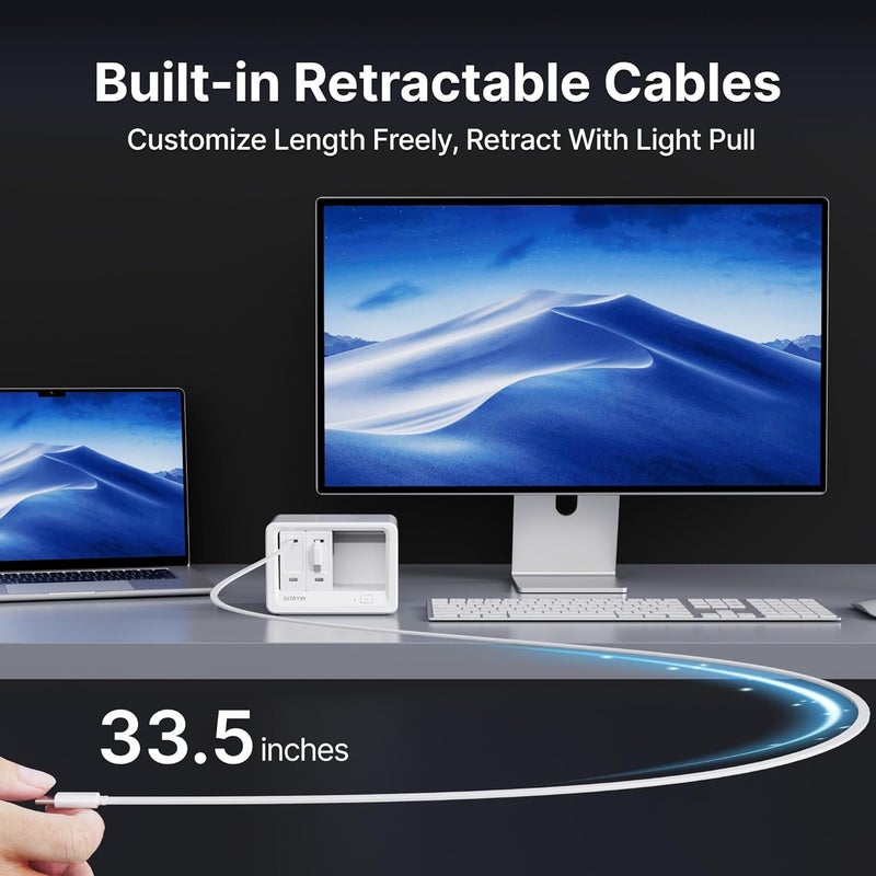Gitryin محطة شحن مكتبية 10 في 1 مع 2 شاحن حائط قابل للسحب، شريط طاقة USB-C بقوة 40 واط مع 6 مآخذ AC، 2 USB C، 2 Type-C وكابلات بطول 33.5 بوصة، سلك تمديد مع حماية من زيادة التيار بقوة 1020J لمكتب المنزل - Image 4